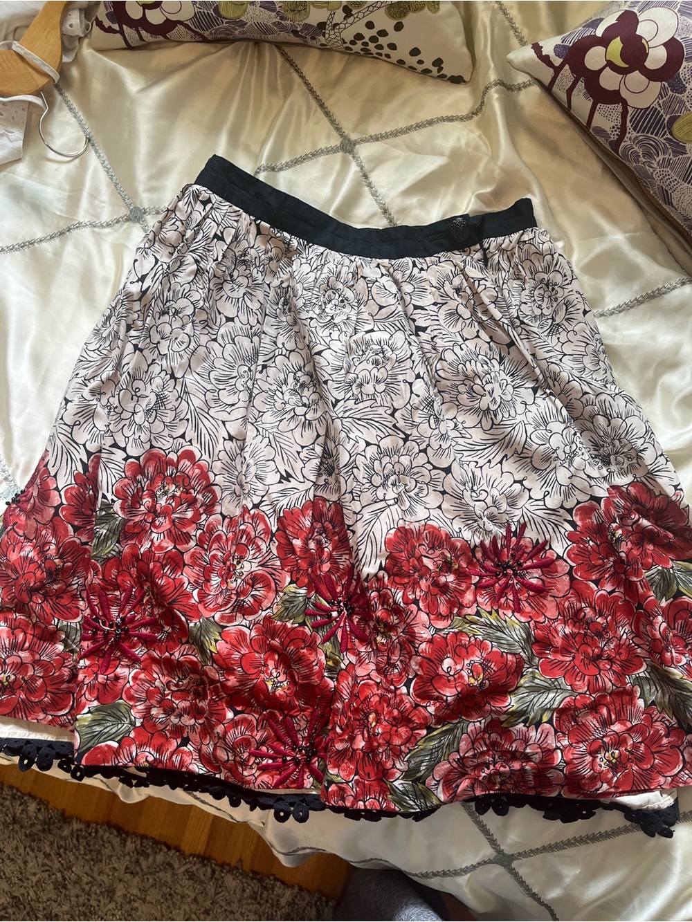 Boho Floral Border Red and Cream A-Line Skirt edme & esyllte